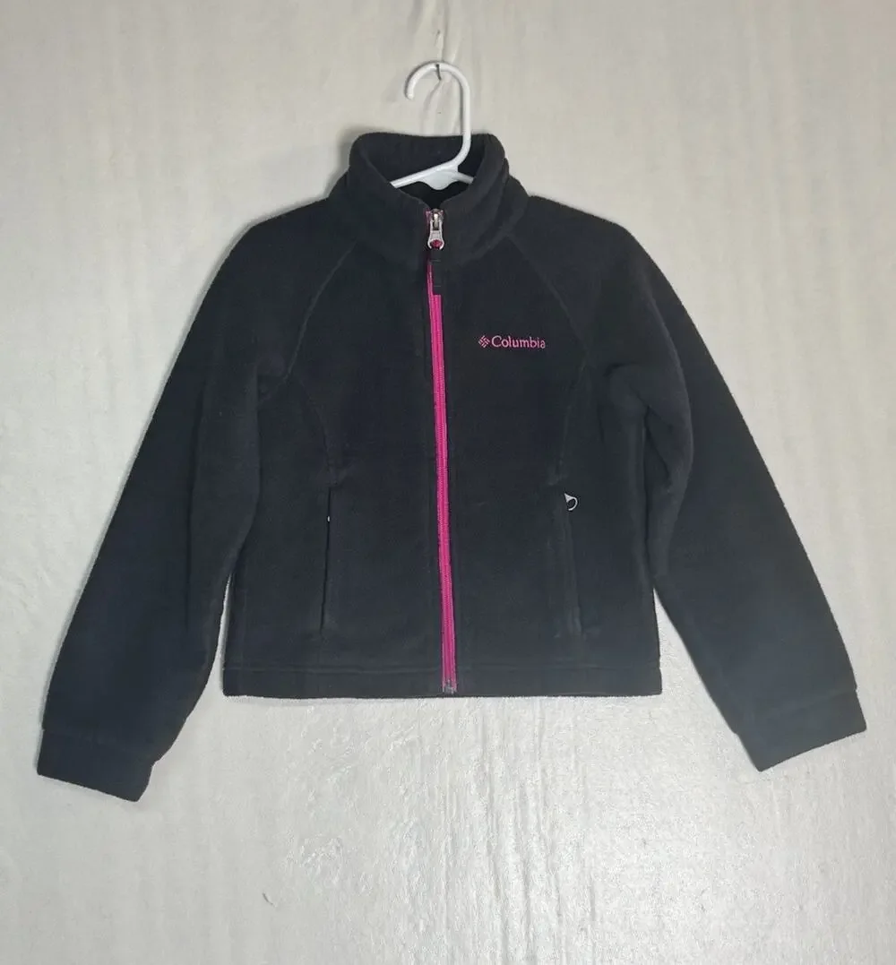 Columbia Girls Youth Black Fleece Pink Zip Jacket Lightweight Layer Size XXS 4/5